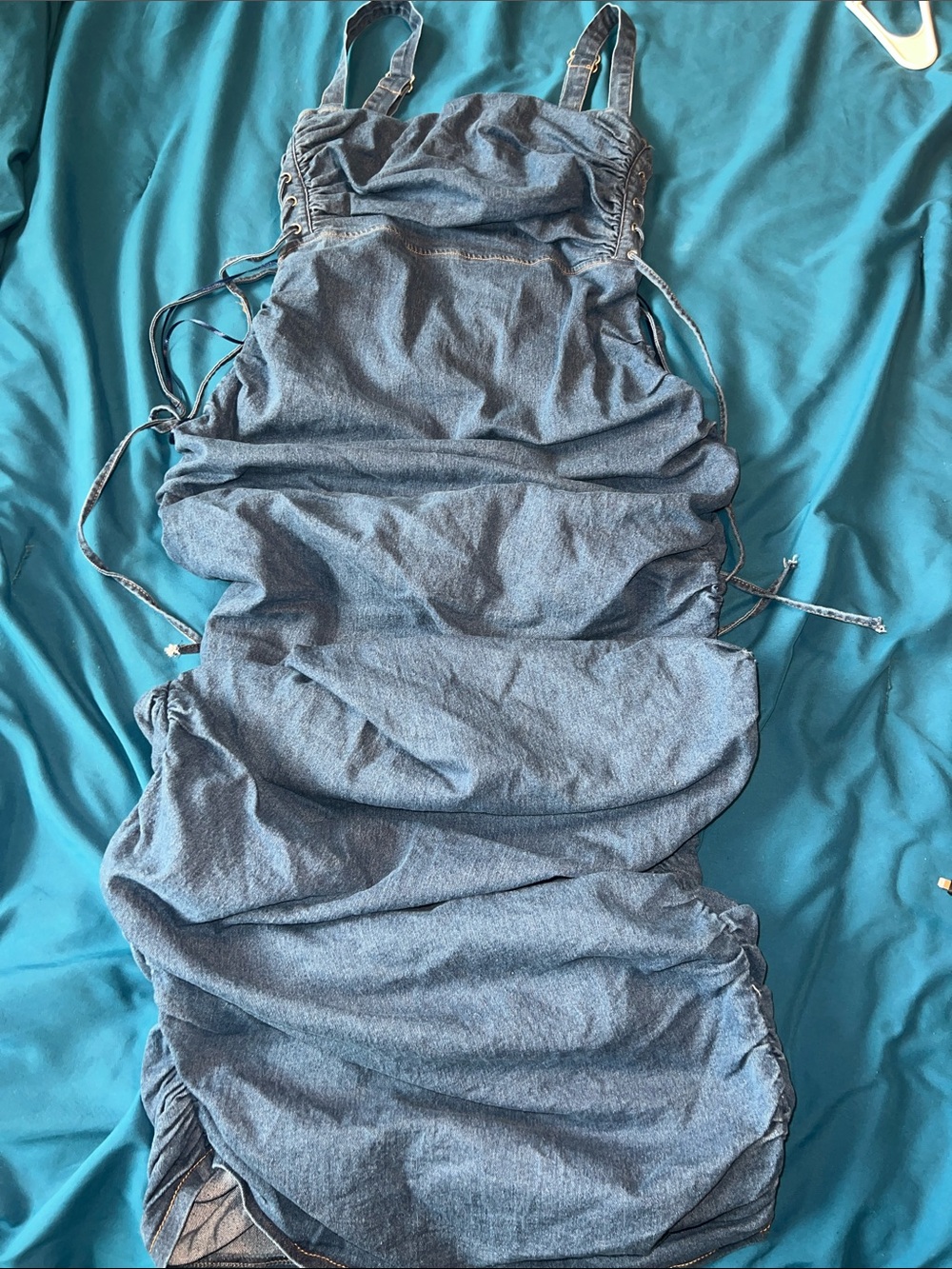 Women’s Large Dark Blue Denim Ruched Dress with Adjustable Straps - Picture 7 of 12